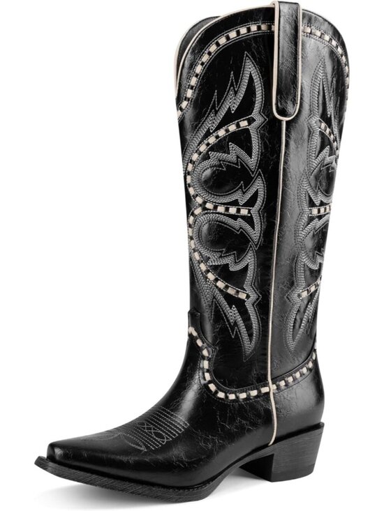 Shoes - Women’s Black Faux Leather Knee High Square Toe Chunky Low Heel Cowgirl Boots